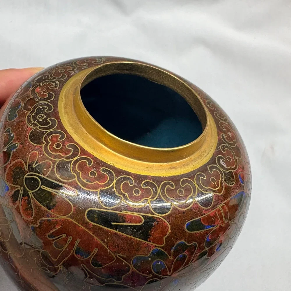 Vintage Cloisonne Enamel Vase Small Red Floral Brass 4.75in Good Chinoiserie